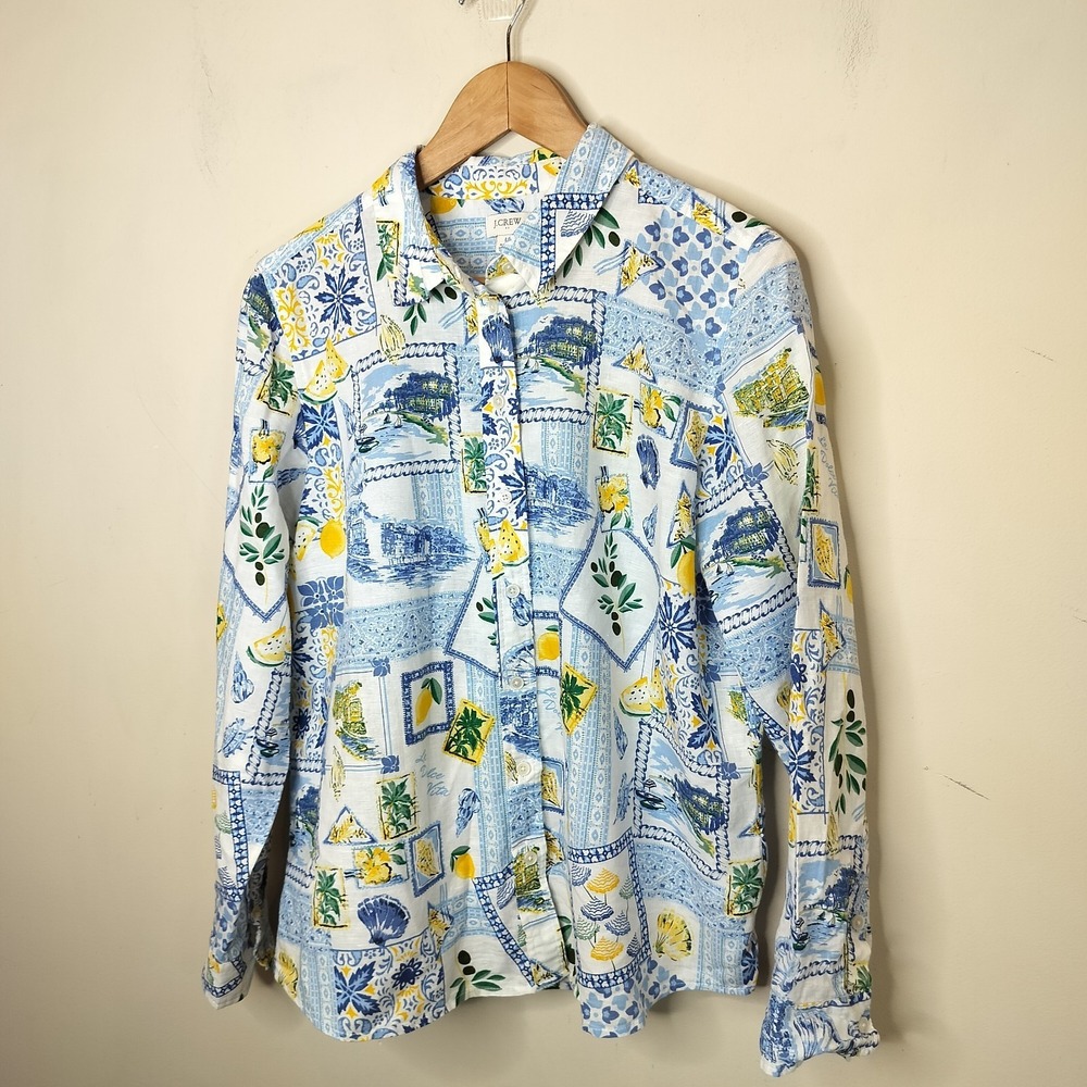 J. Crew Linen Blend Button Up Shirt Floral Lemon Patchwork Cheerful - Picture 4 of 11